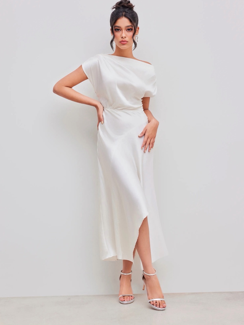 Elegant Cream Asymmetric Satin Midi Dress